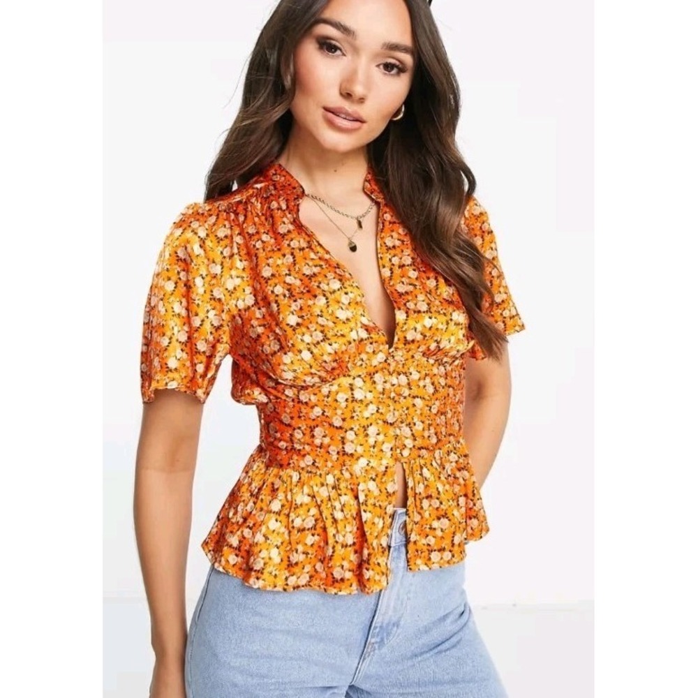 Topshop Orange Floral Peplum Top Angel SZ 6 Boho Fall Harvest Cottagecore Autumn